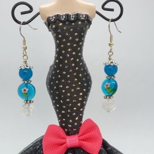 Blue Acrylic Earrings with Floral Inlay